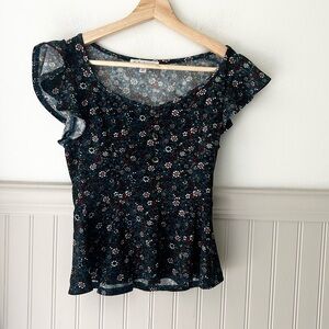 Navy Floral Flutter Sleeve XS Peplum Short Sleeve Women's Top